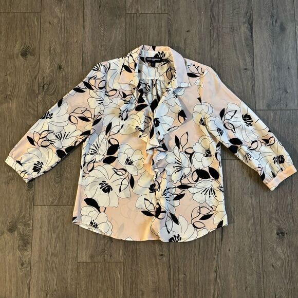 Karl Lagerfeld Muted Pink Floral Ruffle Front Career Occasion Spring Blouse Sz M - Picture 1 of 3